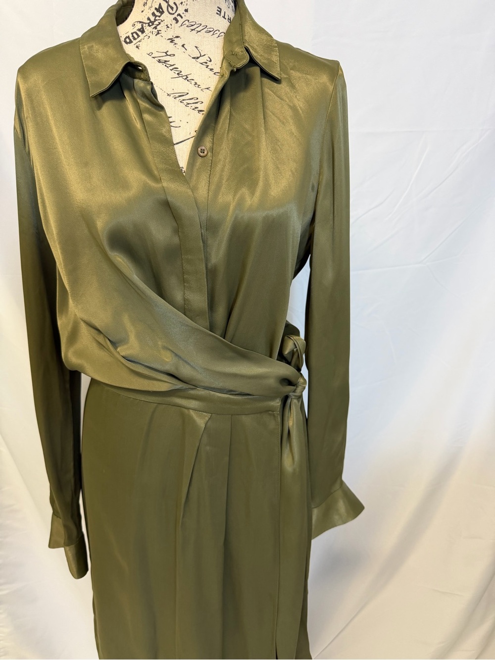 Reiss Olive Satin Wrap Midi Dress Tie Waist Long Sleeve Size 6
